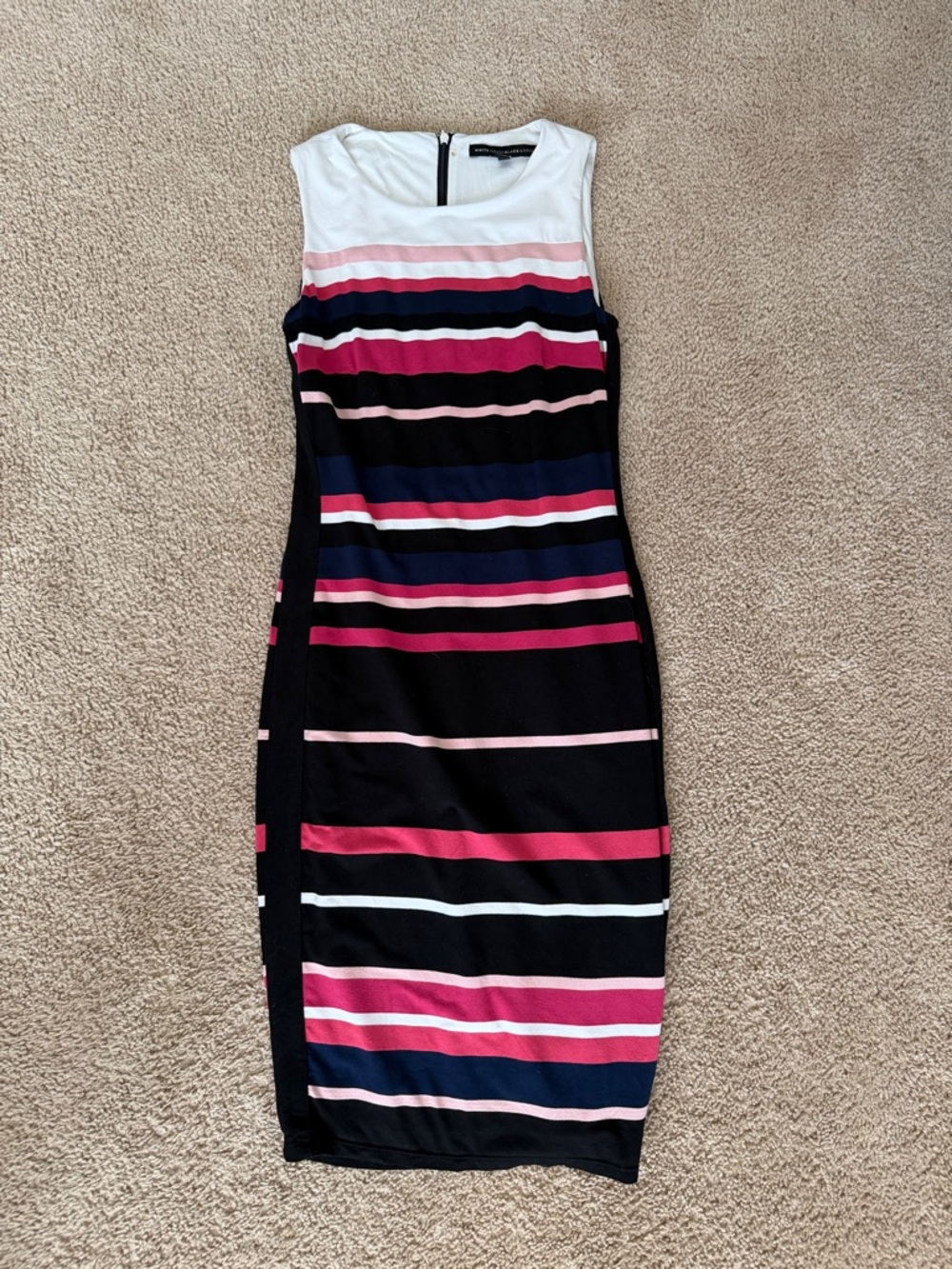 White House Black Market Sleeveless Striped Midi Dress in Black, Pink & Navy